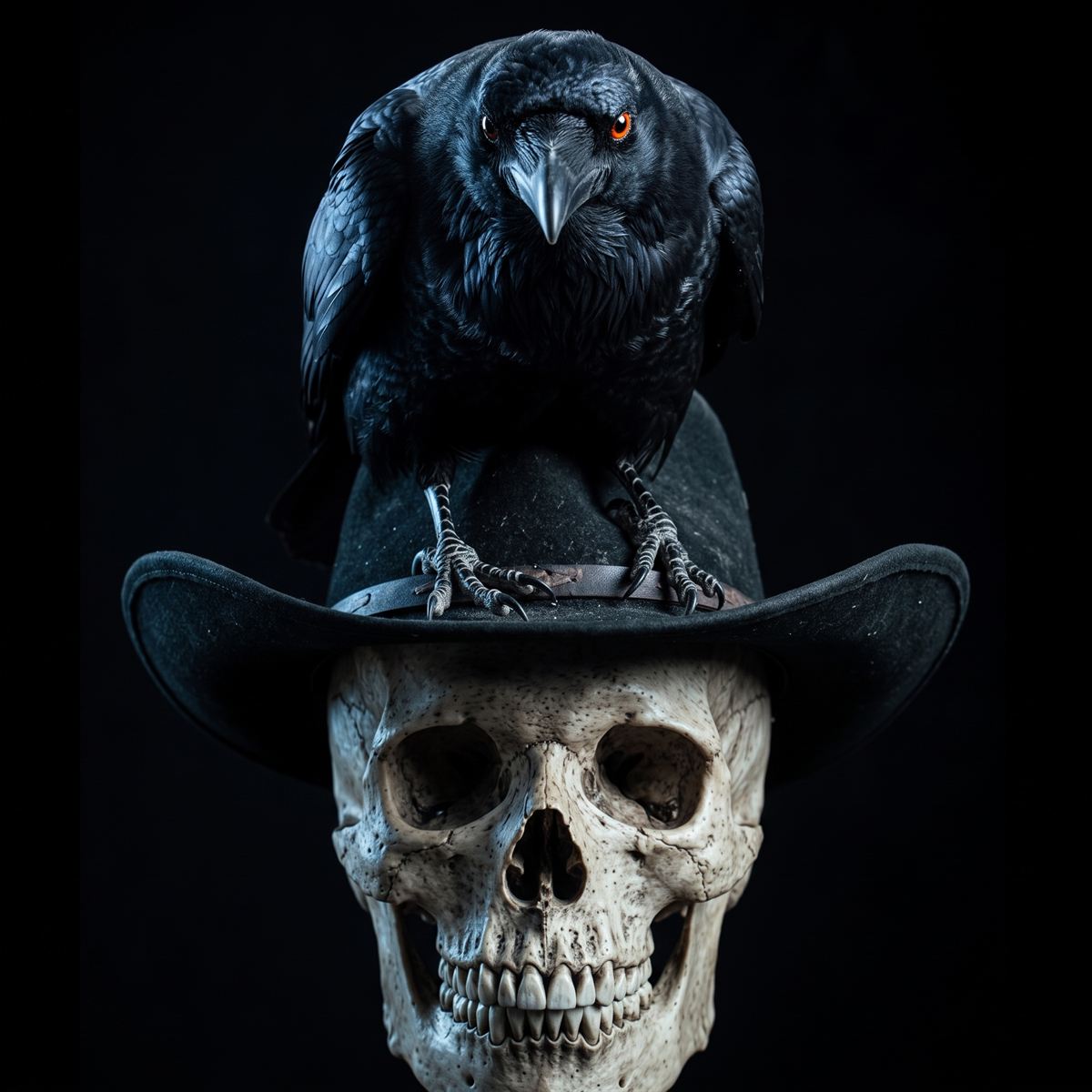 Corvo de olhos vermelhos pousado sobre um chapéu de cowboy, em cima de uma caveira