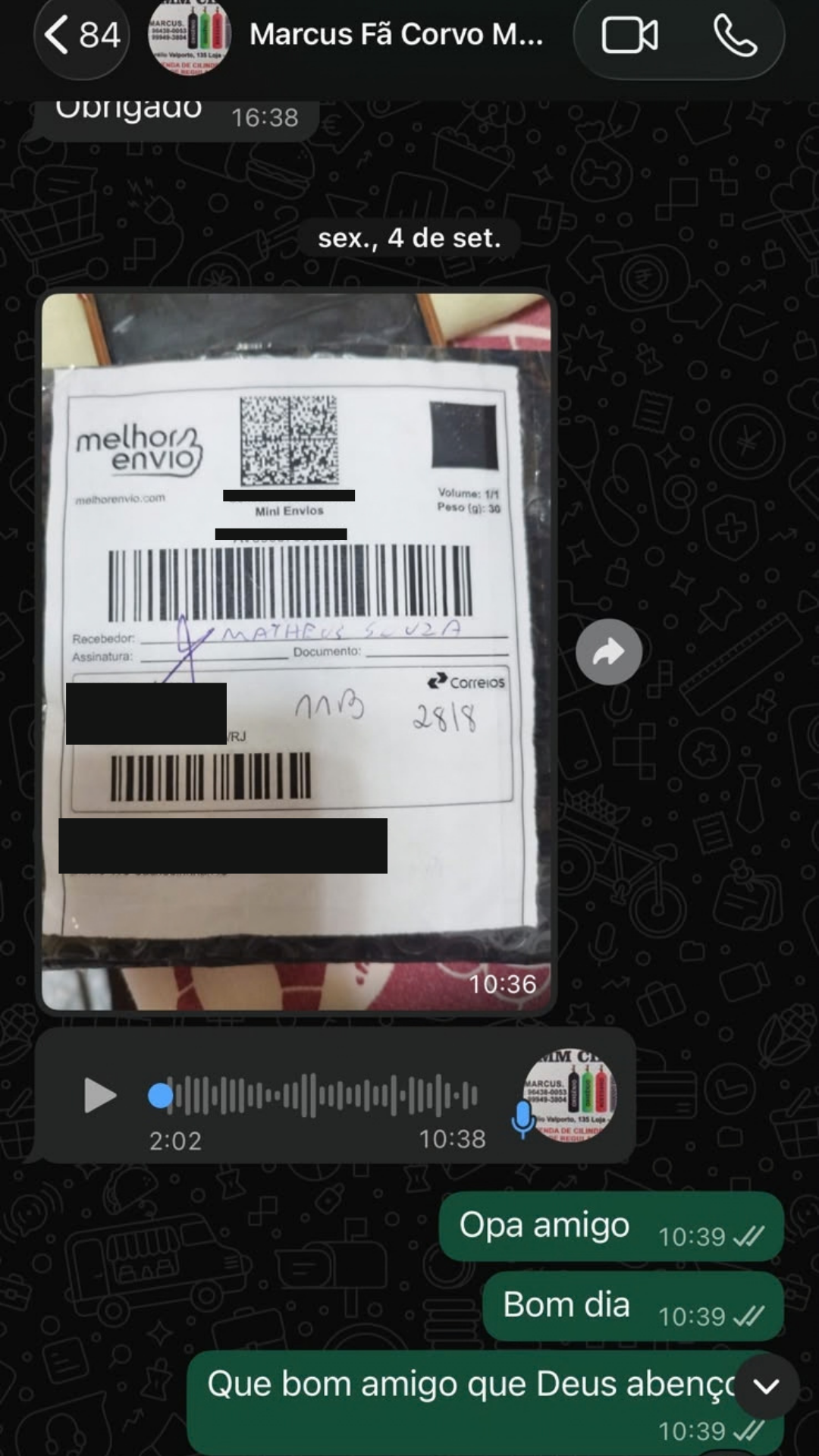 Print de conversa no WhatsApp de fã confirmando o recebimento do pendrive